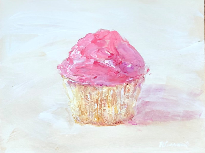 pink icing cupcake with yellow wrapper painting