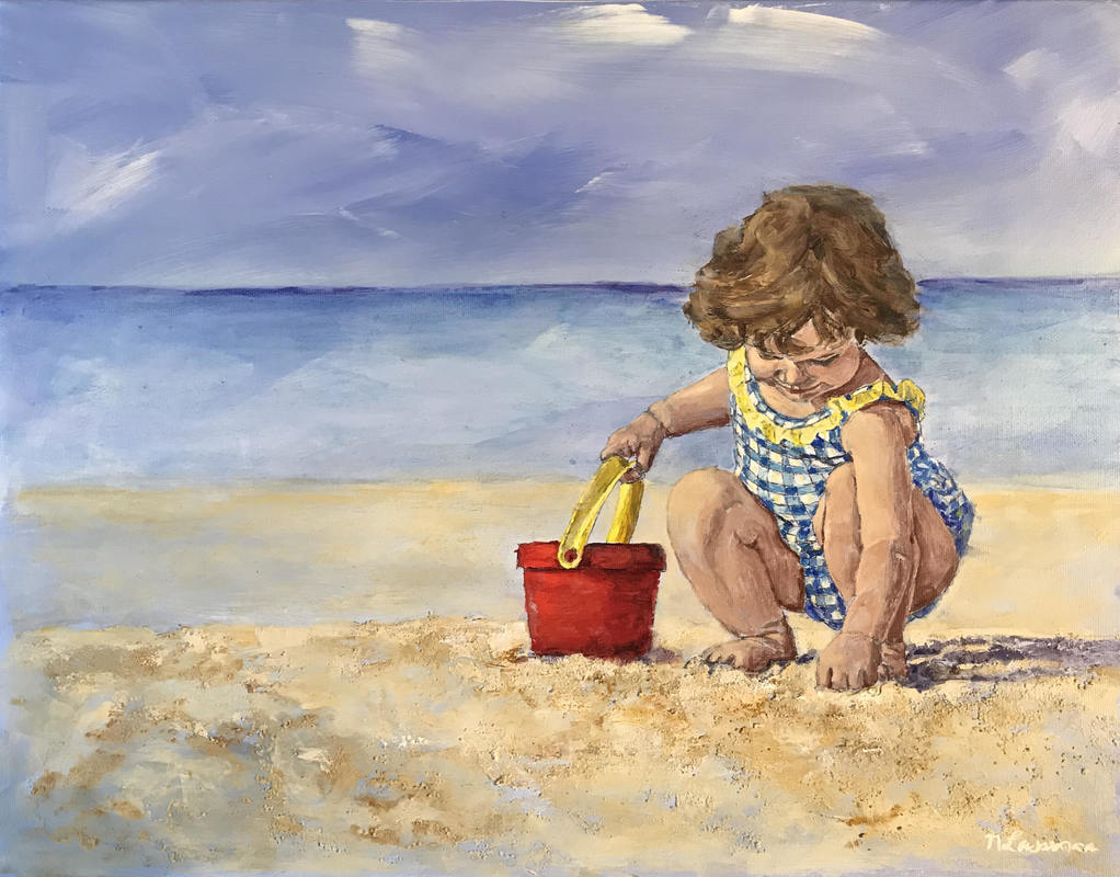 happy with my bucket girl on the beach image painting nadia Lassman art toronto