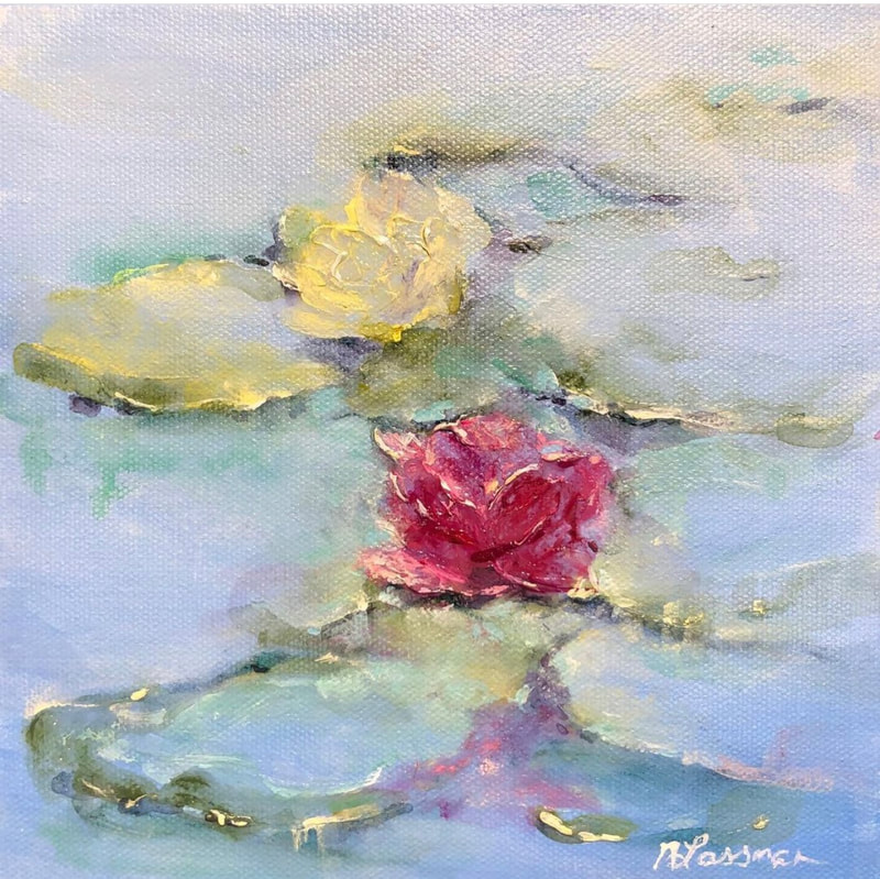 pink and yellow waterlilies painting in a lilypond