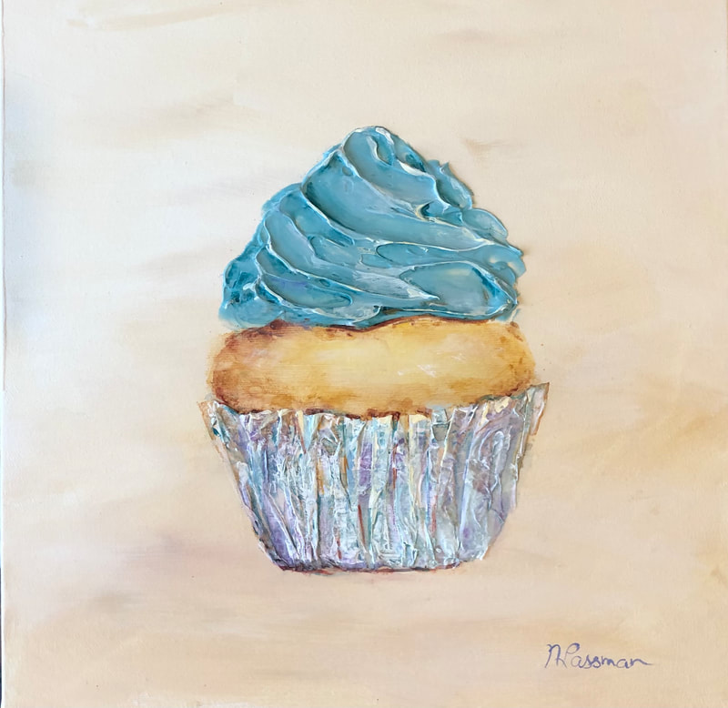 painting of blue icing cupcake with blue wrapper