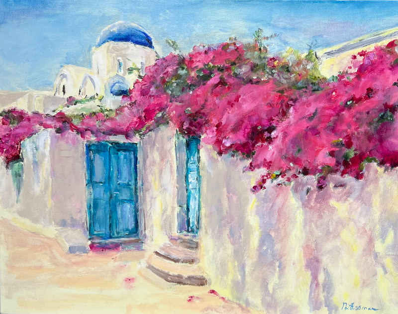 bougainvillea in greece painting 14x18