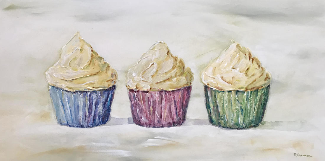 three vanilla cupcakes acrylic painting nadia lassman artist toronto painter toronto
