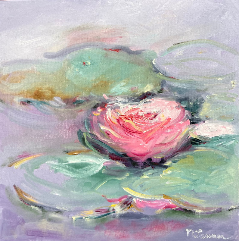 pink waterlily on green lilypads oil painting