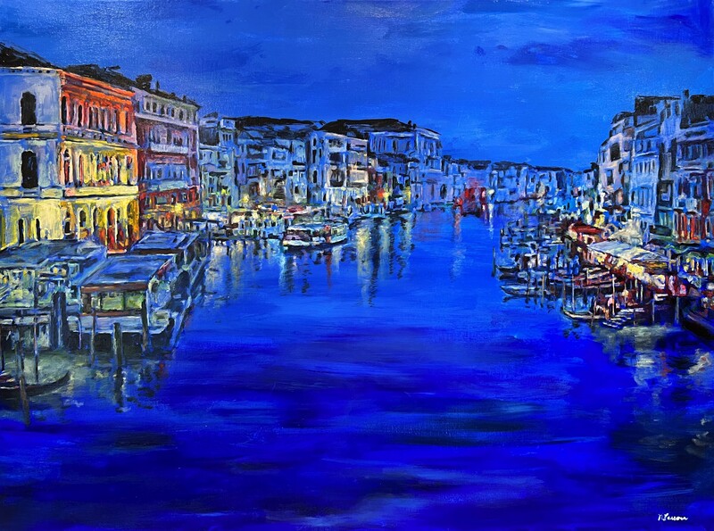 a night painting of venice with gondolas and  vaporetto 