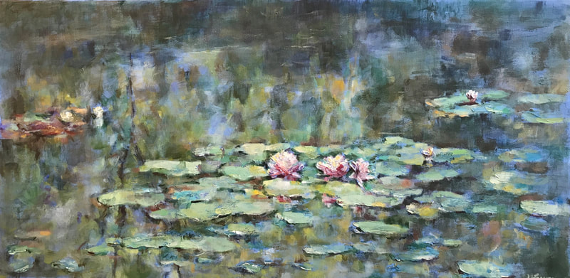 pink waterlilies painting in a peaceful pond 