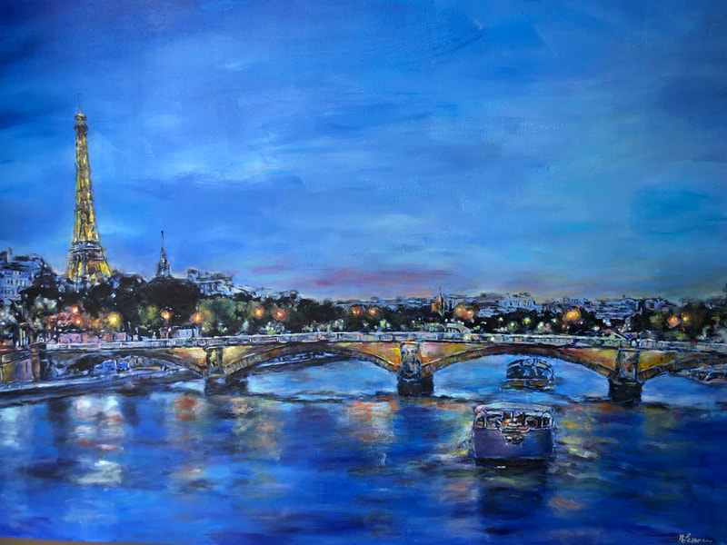 Painting of the bateaux mouches and eiffel tower on the river seine