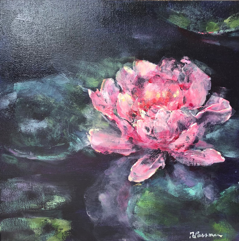 Pink Waterlily painting on a dark background, 12x12