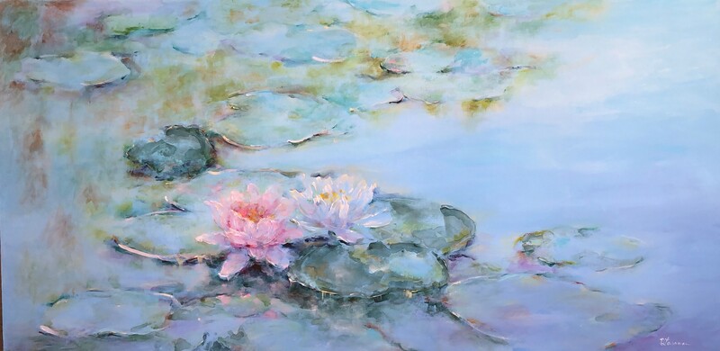 impressionist style pink and white waterlilies in a lilypond ona blue background