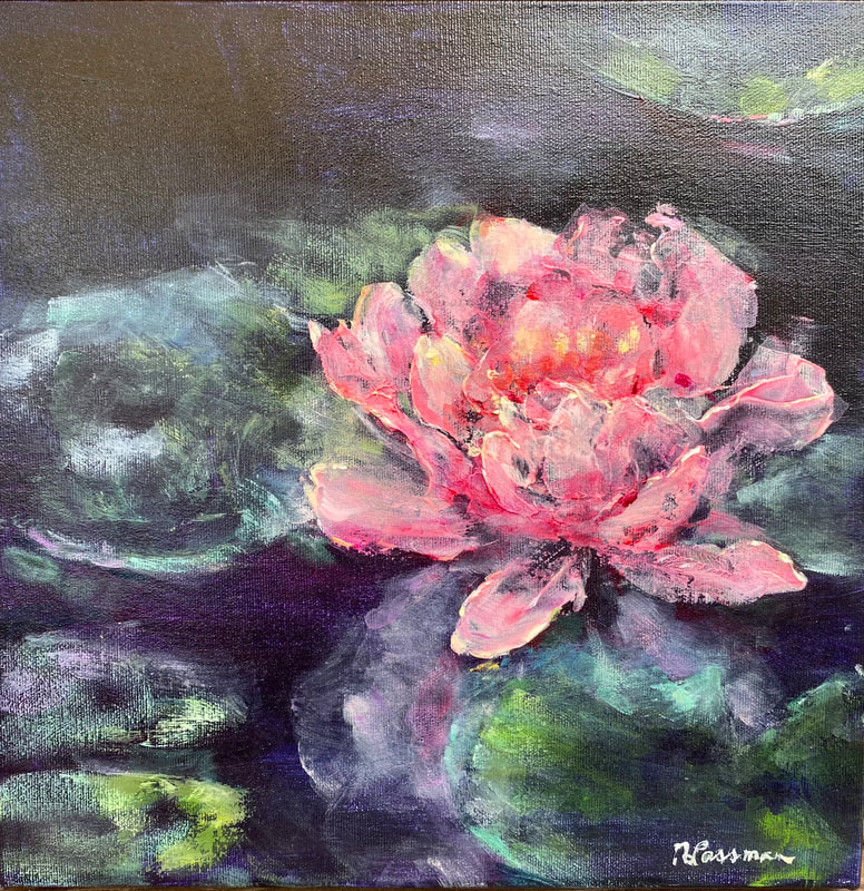 pink waterlily on a dark purple background in a lily pond, painting