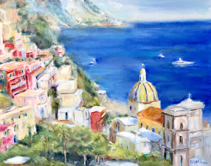 Oil of Positano Painting with blue water and colourful buildings

