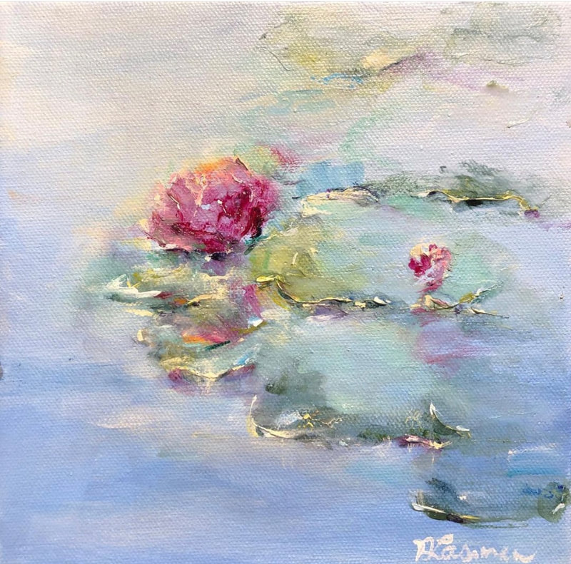 pretty pink waterlilies painting in a lilypond