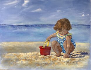 girl with bucket beach painting Nadia lassman art image
