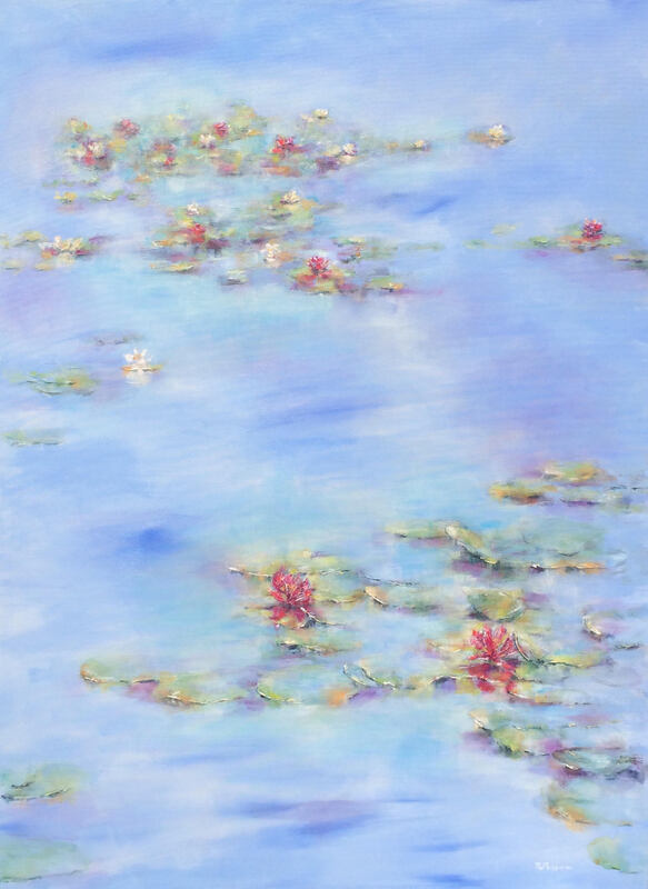 red waterlilies in a tranquil pond