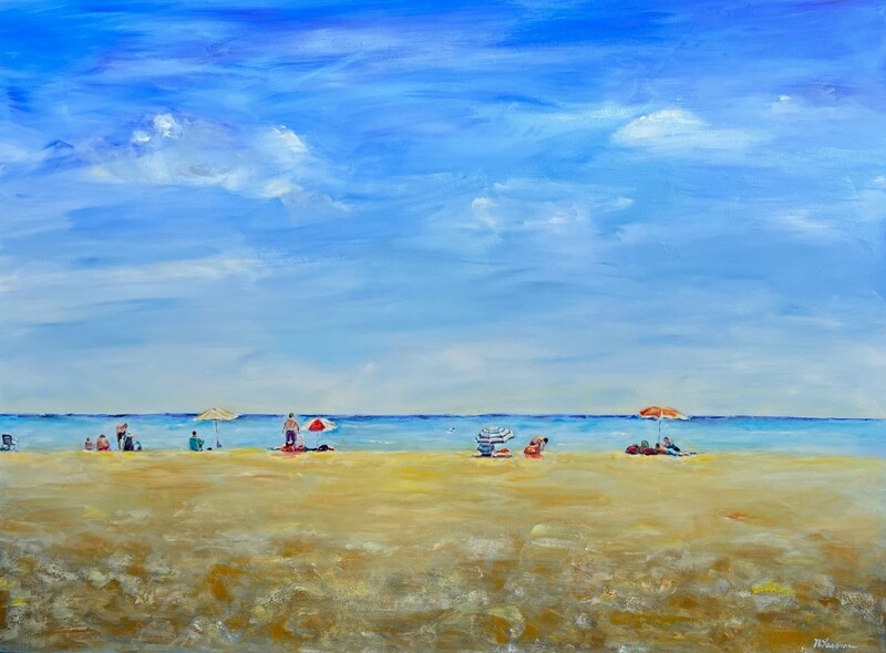 painting of people and umbrellas on a florida beach with textured sand