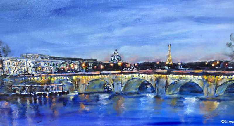 bateaux mouches at night with lights and paris bridge on river seine