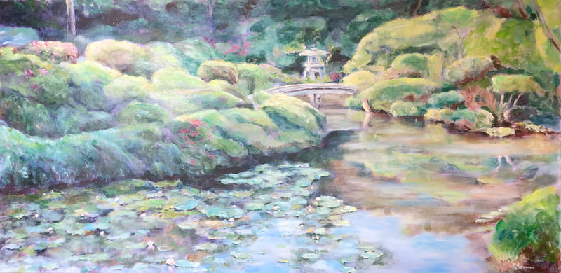 Japanese garden painting with waterlilies