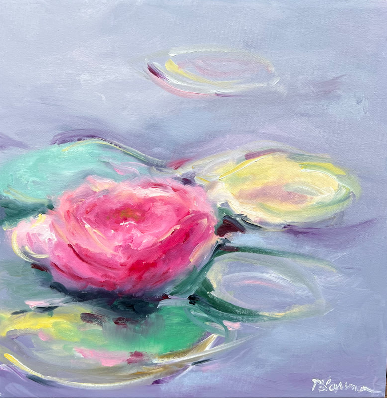 pretty pink soft waterlily painting with green and yellow pads