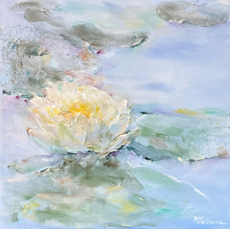 painting of a very soft white waterlily with yellow centre in soft blue water