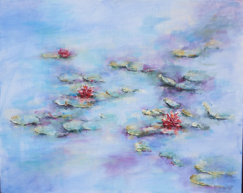 red waterlilies in a blue lilypond
