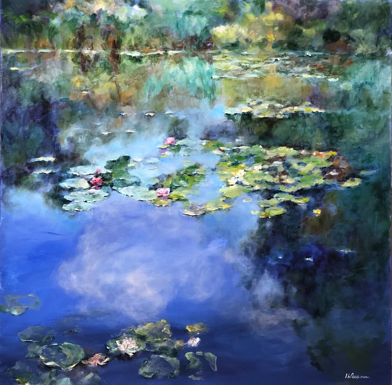 beautiful reflections of waterlilies and sky in a waterlily pond