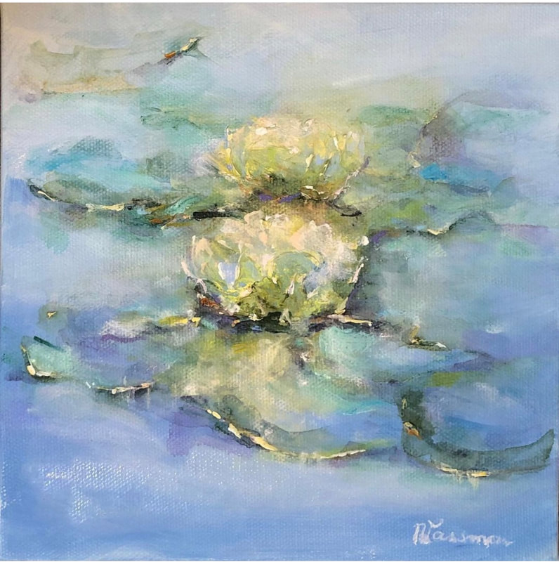 two white waterlilies in a lilypond painting 8" x 8"