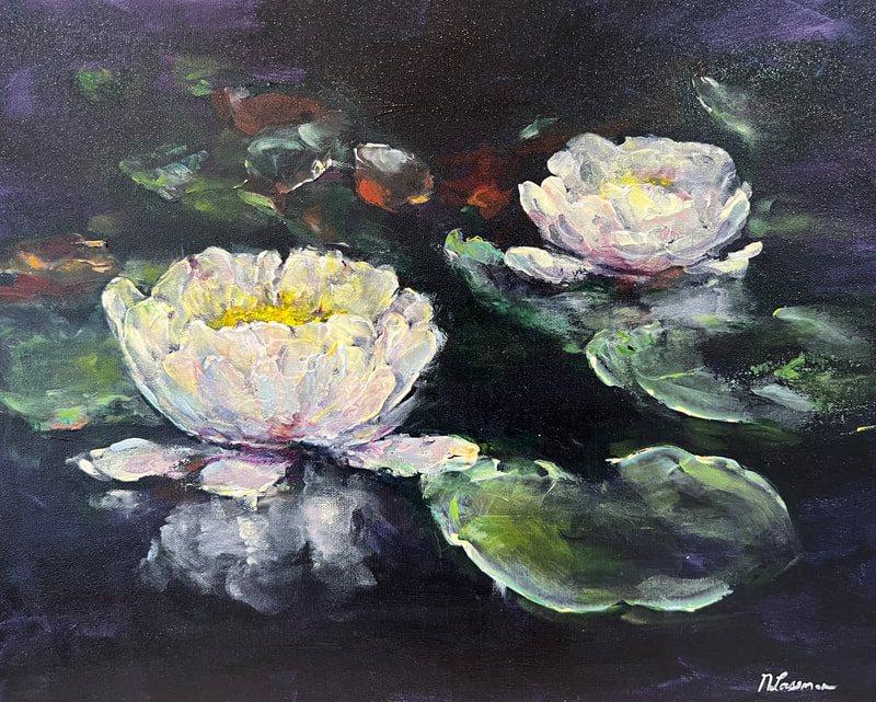 white water lilies on a dark purple background painting